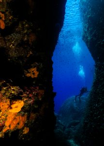 diver at the entrance of a vertical cave