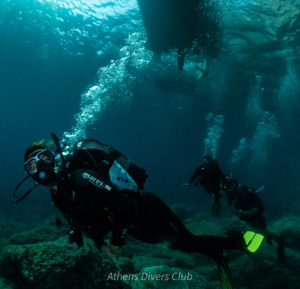 female diver diving under a rib